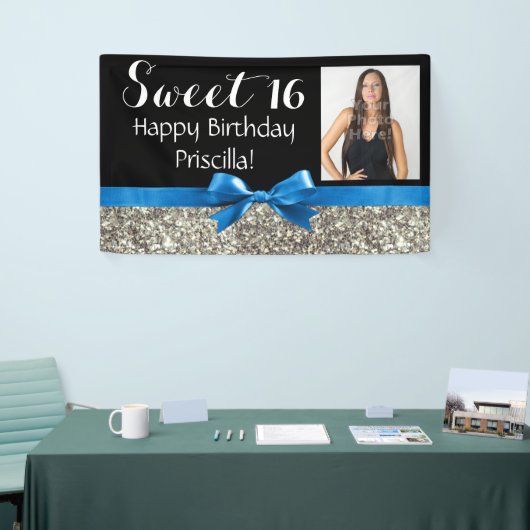 Blue Silver Glitter Photo Sweet 16 Birthday Party Spandoek (Beurs)