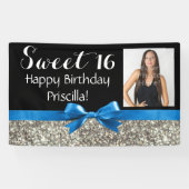 Blue Silver Glitter Photo Sweet 16 Birthday Party Spandoek (Horizontaal)