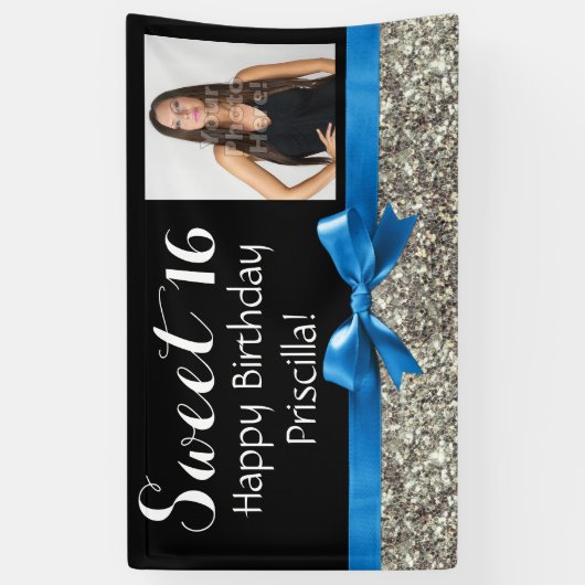 Blue Silver Glitter Photo Sweet 16 Birthday Party Spandoek (Verticaal)