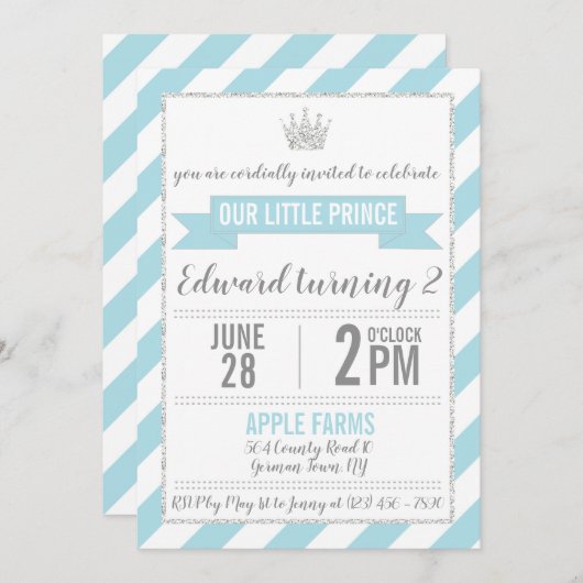 Blue Silver Glitter Prince Birthday Uitnodiging (Voorkant / Achterkant)