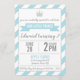 Blue Silver Glitter Prince Birthday Uitnodiging