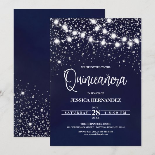 Blue Silver Glitter Sparkles Lights Quinceañera Kaart (Voorkant / Achterkant)