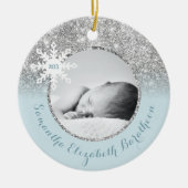 Blue Silver Glitter Winter Personalized Baby Ceram Keramisch Ornament (Voorkant)