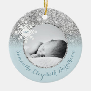 Blue Silver Glitter Winter Personalized Baby Ceram Keramisch Ornament
