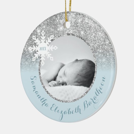 Blue Silver Glitter Winter Personalized Baby Ceram Keramisch Ornament (Links)