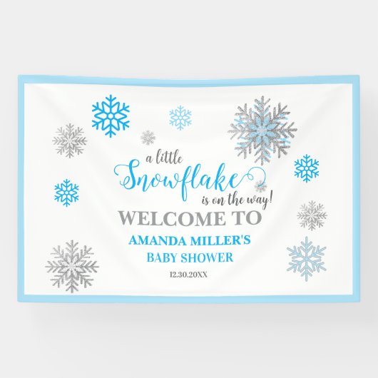 Blue Silver Glittery Snowflake Winter Baby Shower Spandoek (Horizontaal)