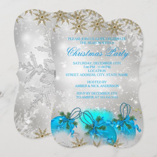 Blue Silver & Gold Holly Baubles kerstparty Kaart (Voorkant / Achterkant)