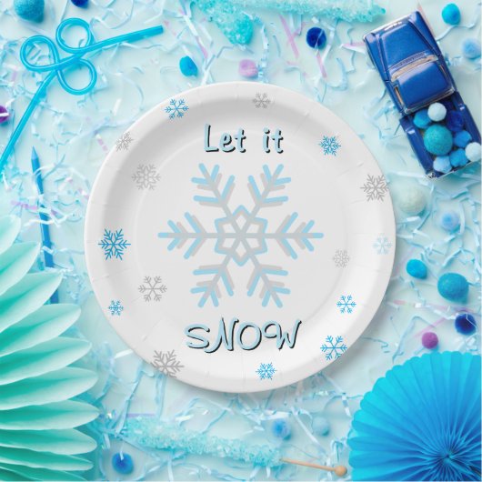 Blue Silver Gray Snowflakes Let it Snow Papieren Bordje (Feest)