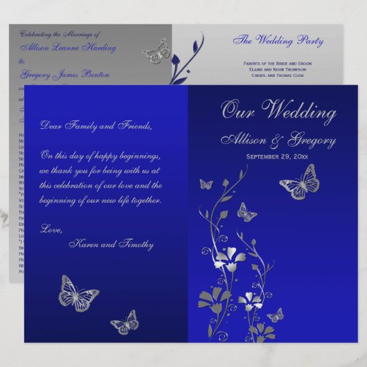 Blue, Silver Grey Butterfly Floral Wedding Program (Voorkant / Achterkant)