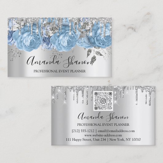 Blue Silver Grey Glitter Drip Logo Event Planner Visitekaartje (Voorkant / Achterkant)