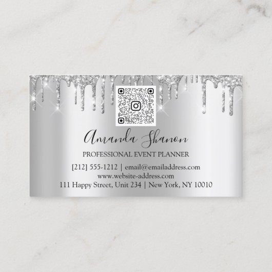Blue Silver Grey Glitter Drip Logo Event Planner Visitekaartje (Achterkant)