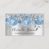 Blue Silver Grey Glitter Drip Logo Event Planner Visitekaartje (Voorkant)