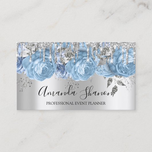 Blue Silver Grey Glitter Drip Logo Event Planner Visitekaartje (Voorkant)