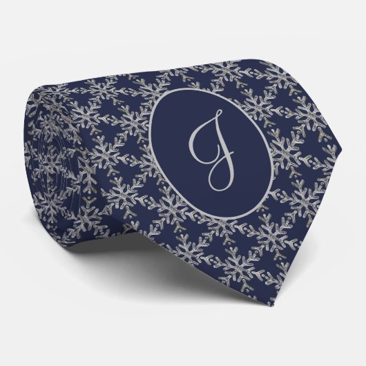 Blue Silver Grey Snowflakes Pattern Monogramed Stropdas (Opgerold)