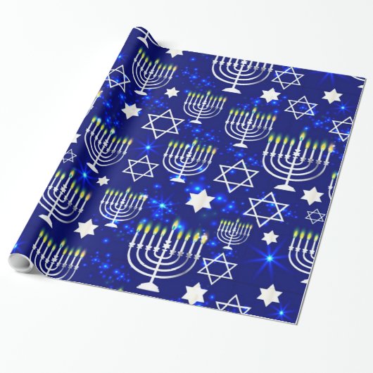 Blue & Silver Hanukkah Menorah Cadeaupapier (Uitgerold)