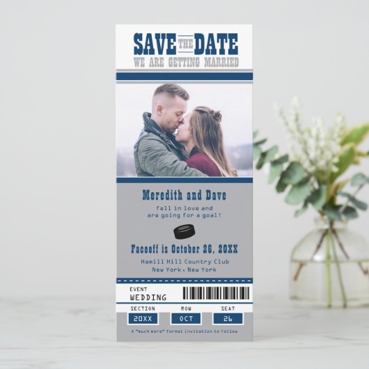 Blue Silver Hockey Ticket Weddenschap Save the Dat Save The Date (Staand voorkant)