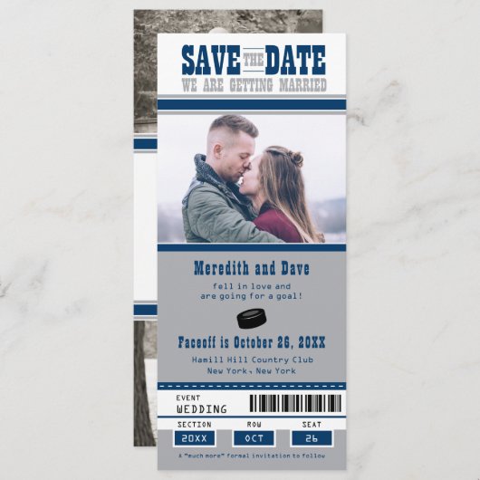 Blue Silver Hockey Ticket Weddenschap Save the Dat Save The Date (Voorkant / Achterkant)