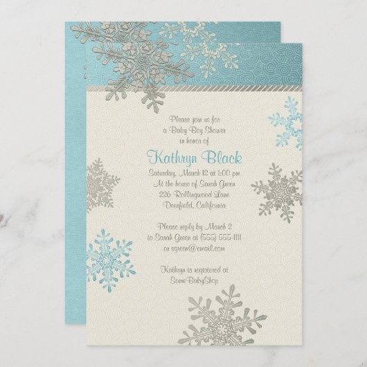 Blue Silver Ivory Snowflake Winter Baby shower Kaart (Voorkant / Achterkant)