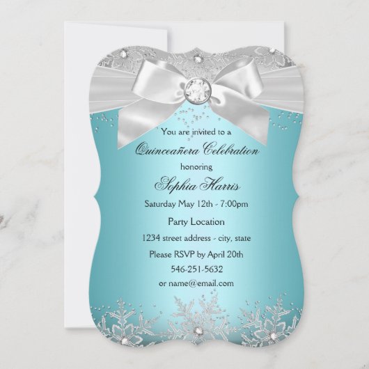 Blue Silver Jewel Bow Snowflake Quinceanera Kaart (Voorkant)