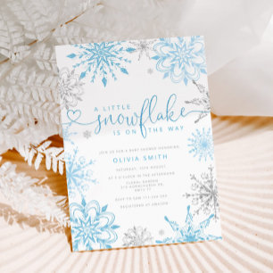 Blue Silver Little Snowflake Boy baby shower Kaart