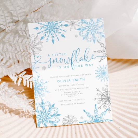 Blue Silver Little Snowflake Boy baby shower Kaart