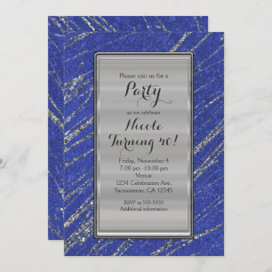 Blue & Silver Modern Glam Marble Stripe Invitation Kaart
