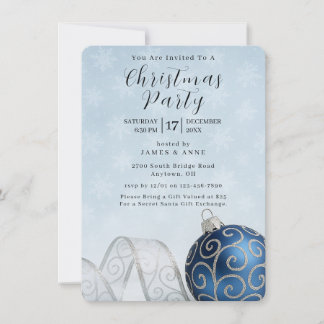 Blue & Silver Ornament Christmas Party Invitation Kaart