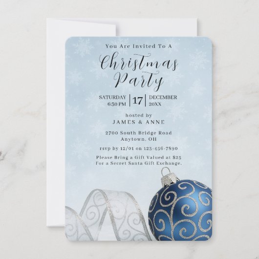 Blue & Silver Ornament Christmas Party Invitation Kaart (Voorkant)
