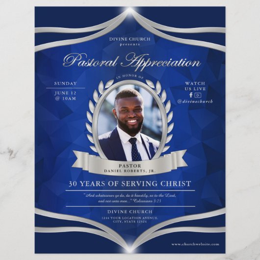 Blue Silver Pastor Appreciation Church Service Flyer (Voorkant)