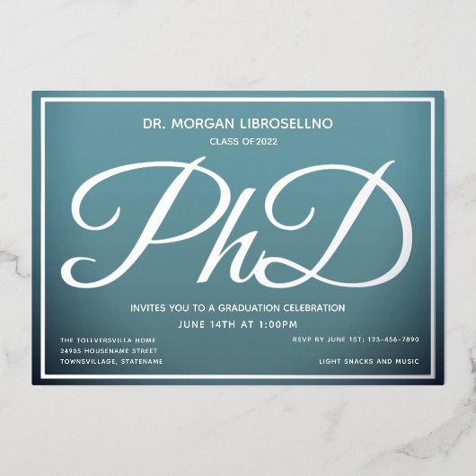 Blue Silver PhD-Afstuderen Folie Uitnodiging (Voorkant)
