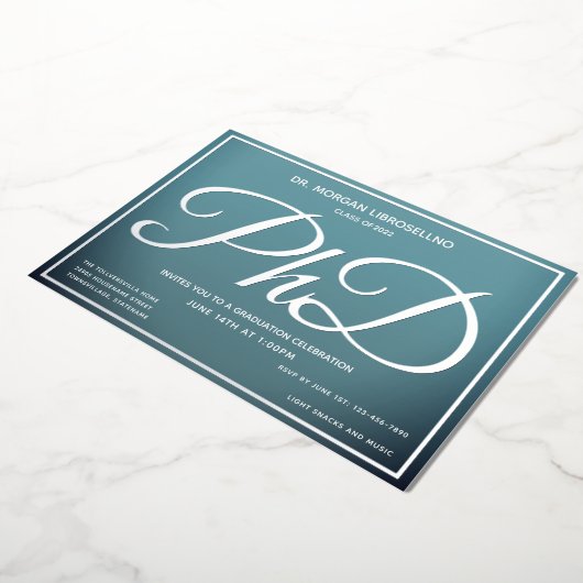 Blue Silver PhD-Afstuderen Folie Uitnodiging (Gedraaid)