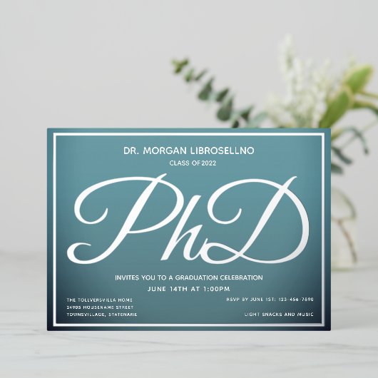 Blue Silver PhD-Afstuderen Folie Uitnodiging (Staand Voorkant)