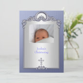 Blue Silver Photo Lijst Jewel Cross Christening Kaart (Staand voorkant)