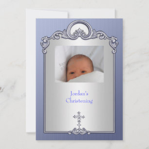 Blue Silver Photo Lijst Jewel Cross Christening Kaart