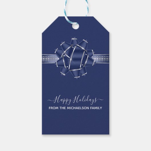 Blue Silver Prettige feestdagen Bow, gepersonalise Cadeaulabel (Voorkant)