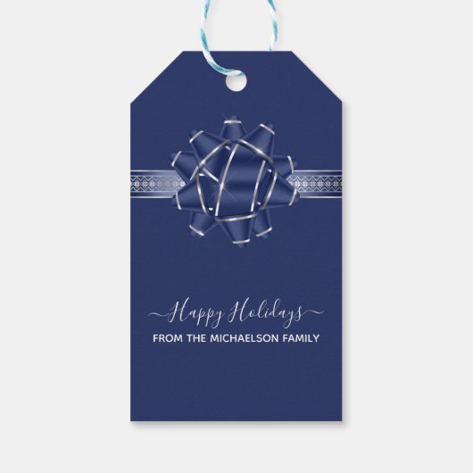 Blue Silver Prettige feestdagen Bow, gepersonalise Cadeaulabel (Achterkant)