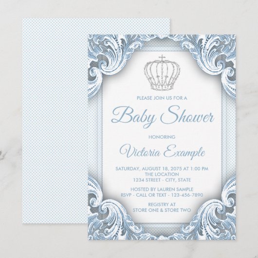 Blue Silver Prince Baby Shower-uitnodigingen Kaart (Voorkant / Achterkant)