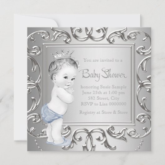 Blue Silver Prince Baby Shower-uitnodigingen Kaart (Voorkant)