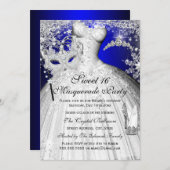 Blue & Silver Princess Masquerade Sweet 16 Invite Kaart (Voorkant / Achterkant)