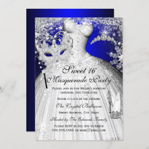 Blue & Silver Princess Masquerade Sweet 16 Invite Kaart