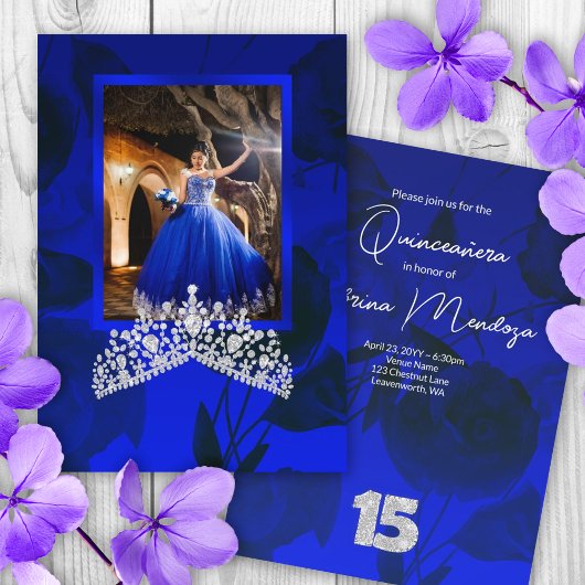 Blue, Silver Quinceanera Gemstone Tiara Invitation Kaart