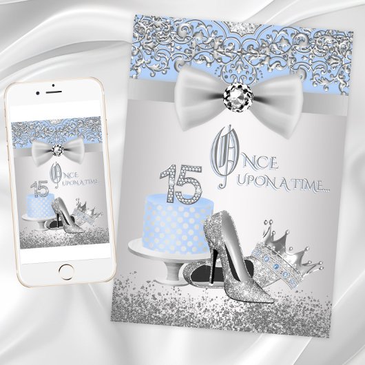 Blue Silver Quinceanera Princess Invitations Kaart