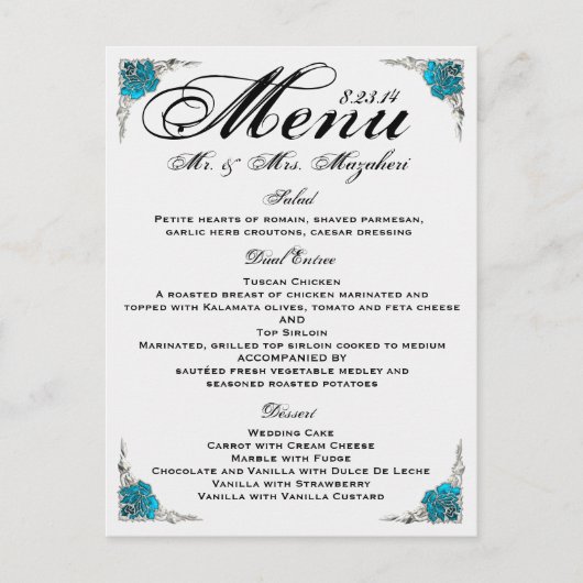 Blue Silver Roos Wedding Dinner Menu Bedankt (Voorkant)