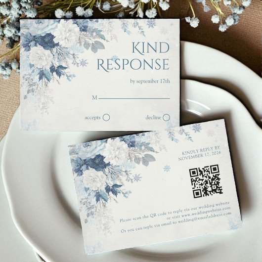 Blue Silver Rose Winter Floral Wedding QR Code RSVP Kaartje
