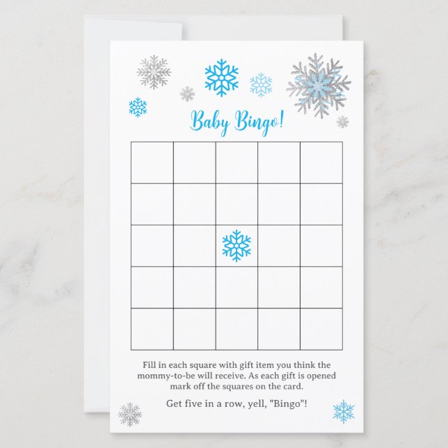 Blue Silver Snowflake Baby Shower Bingo Game  (Voorkant)