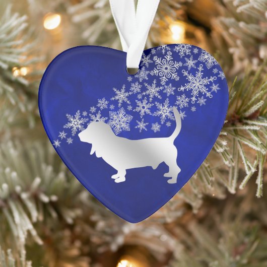 Blue Silver Snowflake Basset Hound Dog Ornament (Boom)