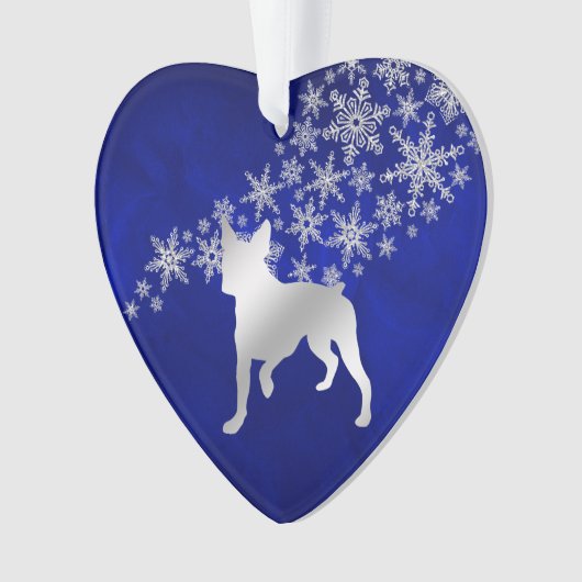 Blue Silver Snowflake Boston Terrier Dog Ornament (voorkant)