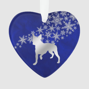 Blue Silver Snowflake Boston Terrier Dog Ornament