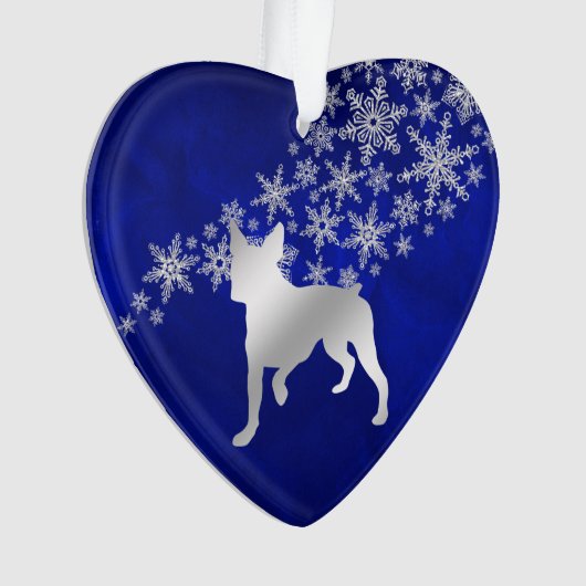 Blue Silver Snowflake Boston Terrier Dog Ornament (voorkant)