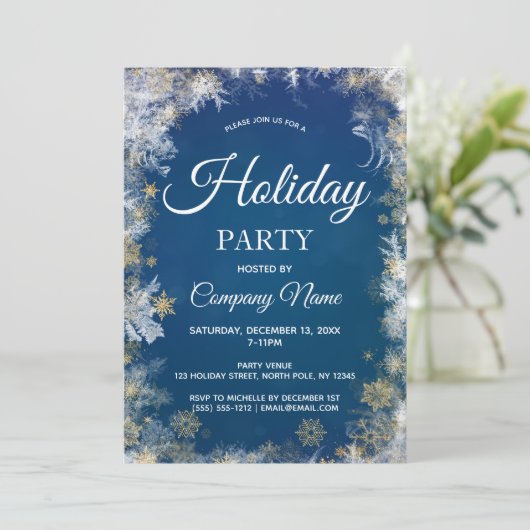 Blue Silver Snowflake Corporate Holiday Party Kaart (Staand voorkant)